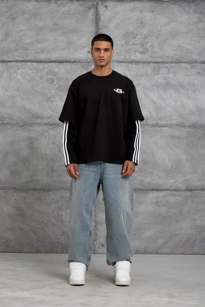 Oversized "404" Graphic T-Shirt – Layered Three-Stripe Long Sleeve