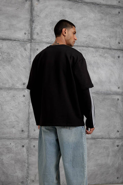 Oversized "404" Graphic T-Shirt – Layered Three-Stripe Long Sleeve