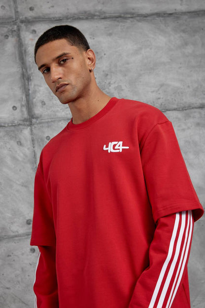 Oversized "404" Graphic T-Shirt – Layered Three-Stripe Long Sleeve